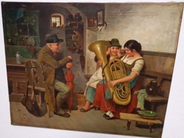 Ölgemälde Dirndl mit Tuba Freude beim Musik lernen Bauernstube Kamin Blasinstrument - 1